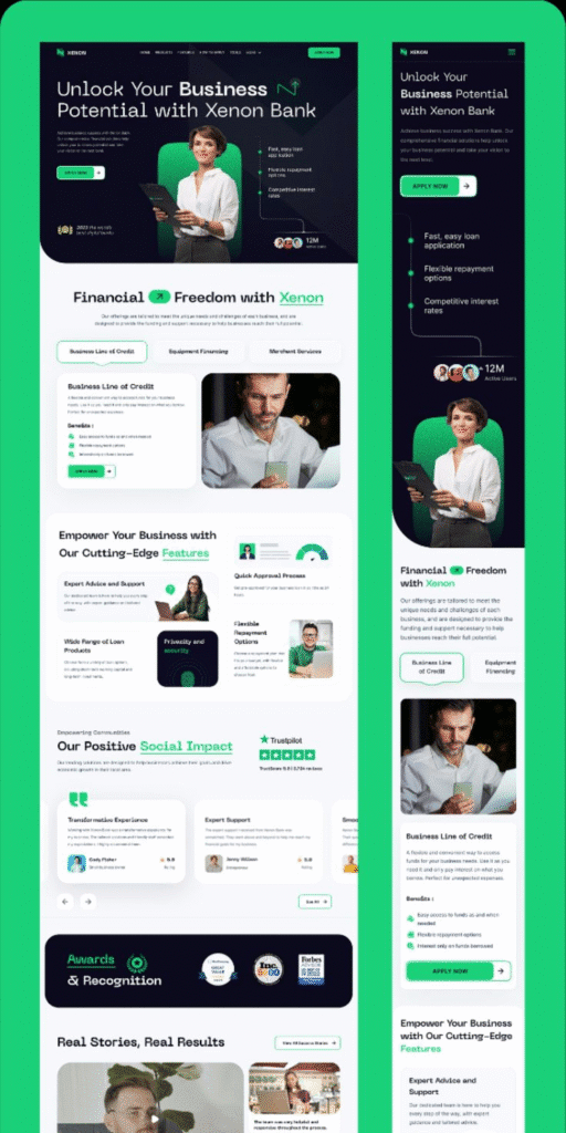 Xenon Bank responsive website for business finance, featuring desktop and mobile views