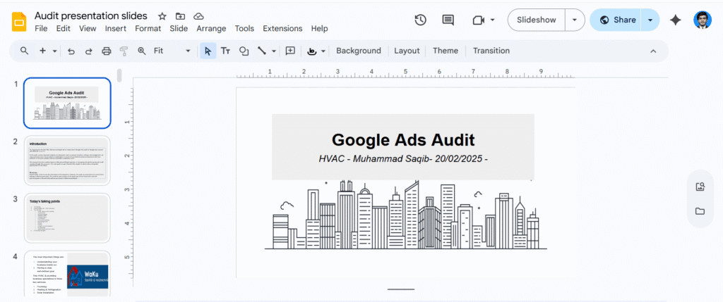 Google Ads Audit presentation slide: title page with date and presenter info