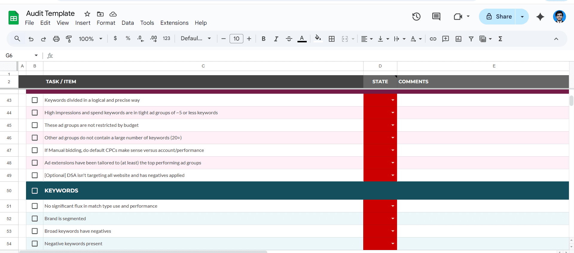 Google Ads audit template spreadsheet showing keyword and campaign optimization checks