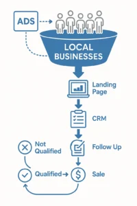 Local business sales funnel: Ads to landing page, CRM, follow-up, qualified leads to sale