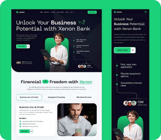 Xenon Bank website design: desktop and mobile views showcasing business finance solutions