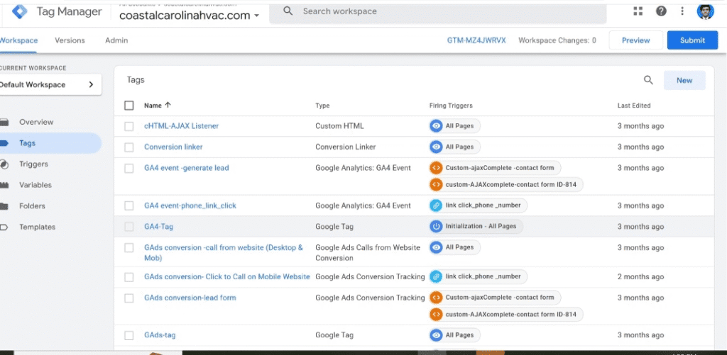 Google Tag Manager interface: tags for website tracking and analytics