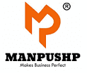 the manpushp logo, which features a stylized orange 'm' shape with a registration mark, above the word "manpushp" in bold black letters. below the company name, the slogan "makes business perfect" is written in a smaller, cursive font.