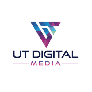 the logo for "ut digital media," featuring a multicolored geometric 'v' shape above the company name in two lines. the top line, "ut digital," is in large, bold, black letters. the bottom line, "media," is in a smaller, thin font and is underlined by a thin purple line